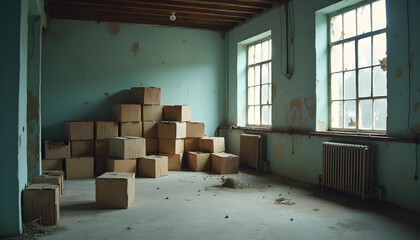 Cajas de cartón viejas en un almacén abandonado y sin personas