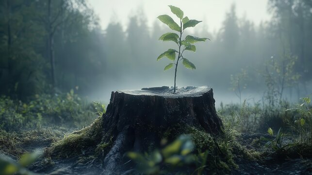misty morning forest where a young tree sprouts from an old stump, surrounded by soft light and dew-covered foliage, symbolizing renewal