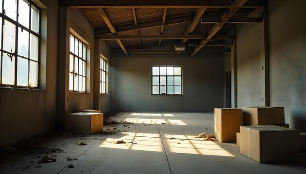 Cajas de cartón viejas en un almacén abandonado y sin personas
