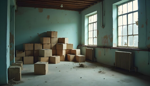 Cajas de cartón viejas en un almacén abandonado y sin personas