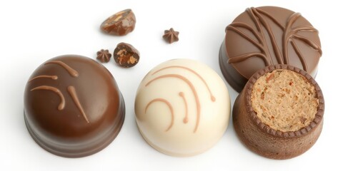 Fototapeta premium Three assorted chocolates isolated on white, showing rich textures and glossy surfaces, delicious,dessert,candy bar