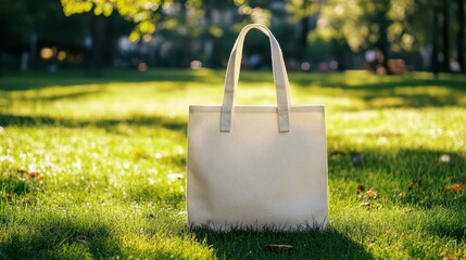 mockup of a blank tote bag resting on a sunny park lawn, showcasing soft fabric and parallel handles, inviting personalized designs with ample copy space to inspire creativity