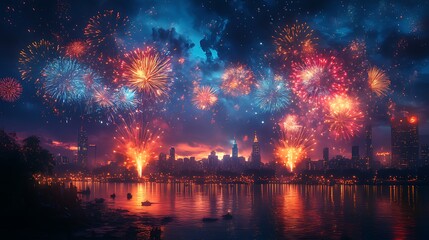 Fototapeta premium Vibrant fireworks display over a cityscape at night, reflected in calm water.