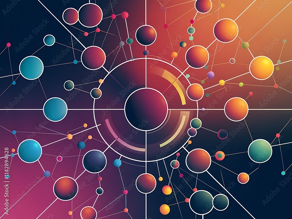 Poster flat style geometric abstract background round dots or circle connections on color background techno