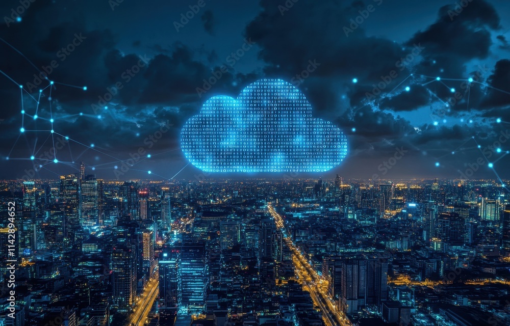 Poster a digital cloud with binary code over an urban skyline at night, symbolizing the impact of cloud tec