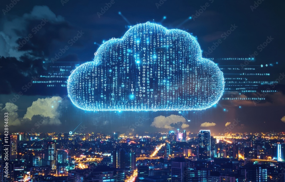 Poster a digital cloud with binary code flowing out of it, floating above an urban skyline at night the cit