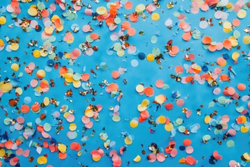 A lot of colorful confetti scattered on a bright blue surface, great for celebrations and parties