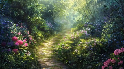 A stroll down a narrow path surrounded by flowers and greenery.