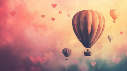 Obraz premium Hot air balloons in a sunset sky with heart-shaped clouds