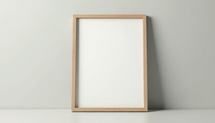 Digital Frame Mockup. Empty wooden frame on light gray wall with copy space