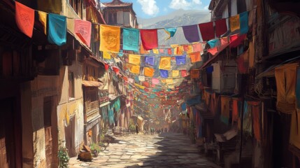 Obraz premium Tranquil Monastery Scene with Colorful Prayer Flags