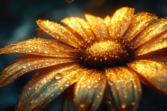 A close-up shot of a flower with water droplets glistening on its surface, ideal for use in advertising or editorial content related to nature and beauty