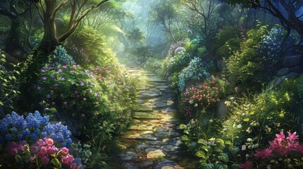 A stroll down a narrow path surrounded by flowers and greenery.