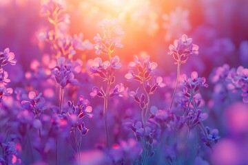 Naklejka premium A field of purple flowers with a bright sun in the background