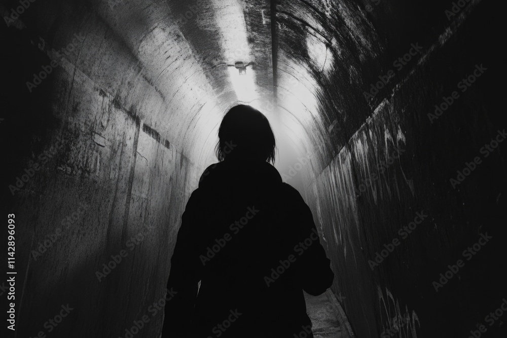 Poster a person stands in a dark tunnel with their back to the camera