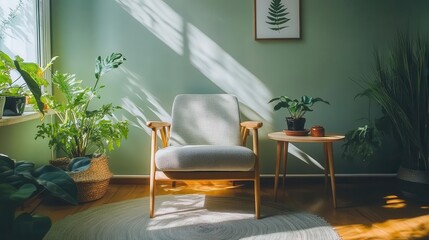 modern, cozy living room with monochrome sage green walls; contemporary interior design features a stylish chair, table, house plants, and trendy accents, creating a serene atmosphere