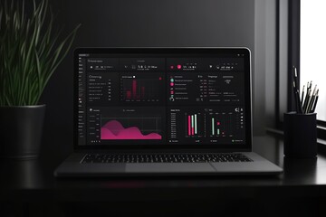 A laptop computer with a black background and a green plant in the foreground