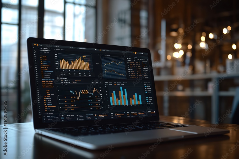 Poster a laptop displaying a graph with a dark background