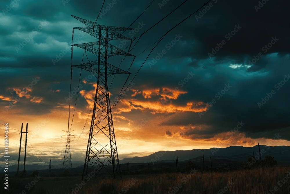 Poster a view of a field with power lines in the foreground