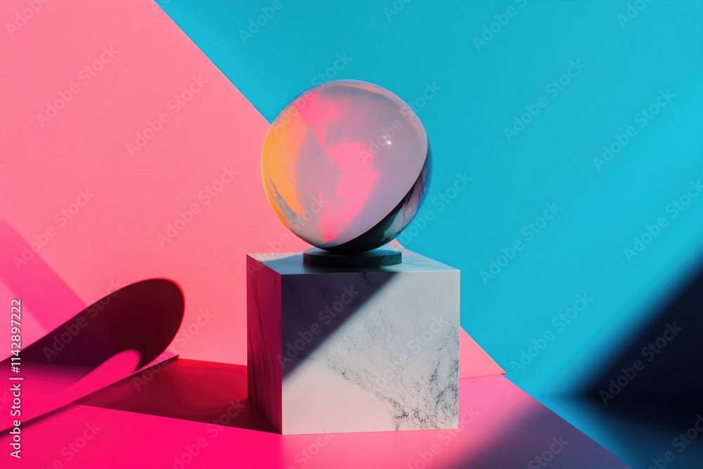 Poster a ball perched atop a white marble block, creating a striking visual contrast