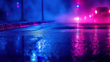 moody night city street, wet asphalt reflects vibrant neon lights, shrouded in mist and smoke, creating an atmospheric urban scene, mysterious and cinematic