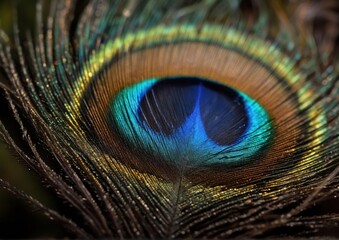 Naklejka premium Macro Peacock Iridescent Eye on Dark Background. High-Detail Photography for Art and Nature Design. Educational and Scientific Use 
