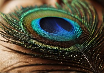 Obraz premium Macro Peacock Iridescent Eye on Dark Background. High-Detail Photography for Art and Nature Design. Educational and Scientific Use 
