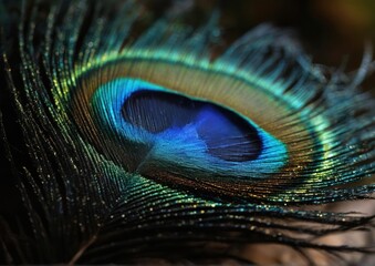 Naklejka premium Macro Peacock Iridescent Eye on Dark Background. High-Detail Photography for Art and Nature Design. Educational and Scientific Use 