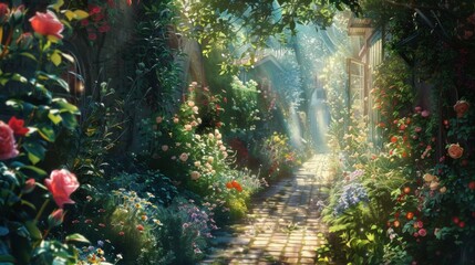 A stroll down a narrow path surrounded by flowers and greenery.