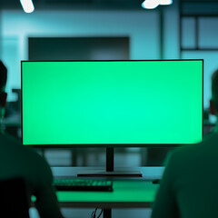 a cinematic shot from directly behind 2 persons a large computer monitor at a desk. the office space is clean and rid of any clutter in the background or on the desk. the setting is professionally li