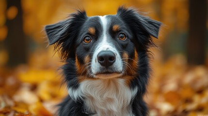 A close-up shot of a dog surrounded by leaves, possibly in autumn