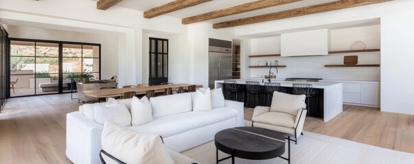 Bright rustic living room with exposed wooden beams, white walls, cozy furniture, and open kitchen modern farmhouse interior design