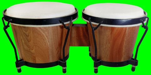 Bongos on a green background. A percussive musical instrument