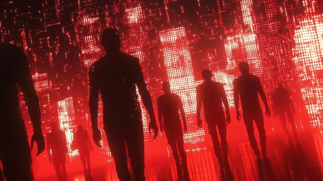mysterious faceless hackers in deep red shadows, illuminated by abstract digital symbols, creating a scene of clandestine activity and technological intrigue