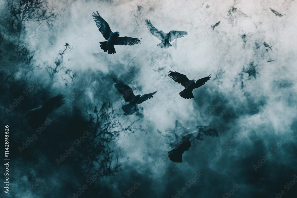 Poster a group of birds soaring through a cloudy atmosphere, with sunlight peeking through the gaps