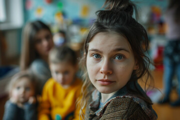 Generative AI Image of Nanny in Nursery Room Creating Warm Learning Environment for Children