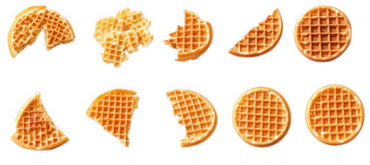 a collection of various shapes and sizes of waffles on a transparent background. including a full waffle. half waffles. broken pieces. and a pile of crumbs