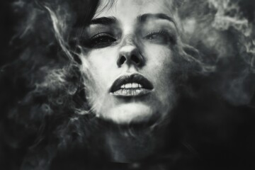 A close-up shot of a woman with smoke coming out of her mouth, creating a mysterious atmosphere