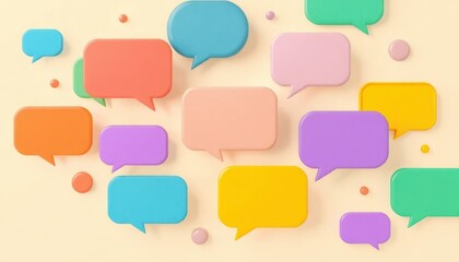Colorful speech bubbles float on pale yellow background. Modern design, vibrant colors suggest communication, interaction. Bubbles represent ideas, comments, messages, feedback. Illustration perfect