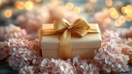 Beige pink gift box with a gold ribbon bow nestled among lush flowers delicate hydrangeas creates an enchanting atmosphere of holiday spring