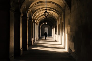 Obraz premium A person is walking down a long hallway, suitable for interior design or architecture projects