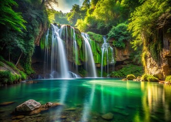 Fototapeta premium Serene Waterfall, Lush Green Cliffs, Crystal Clear Pools - Low Light Photography