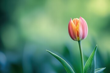 Naklejka premium A single pink flower with a yellow center is standing in a green field
