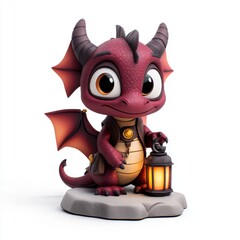 A charming cartoon dragon character holding a lantern, perfect for children's book illustrations, fantasy-themed designs, or playful marketing materials, Its whimsical appearance captivates audiences