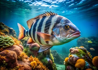 Obraz premium Sheepshead Fish: Underwater Documentary Photography, Coastal Wildlife, Florida Fish, Saltwater Fish Portrait, Marine Life Close-Up