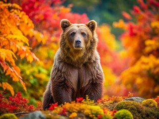 Fototapeta premium Shiretoko Brown Bear Fashion Photography: Hokkaido's Majestic Ursus arctos lasiotus in Autumnal Style