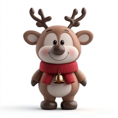 Naklejka premium A cute cartoon reindeer with a red scarf and a bell, perfect for holiday-themed projects, children's books, or festive promotions, bringing joy and charm to any creative use,