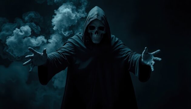 Grim reaper figure emerging from smoke reaching out in dark background. Mysterious, eerie figure in dark cloak, skull mask with outstretched hands. Spooky spectral apparition in ominous setting.
