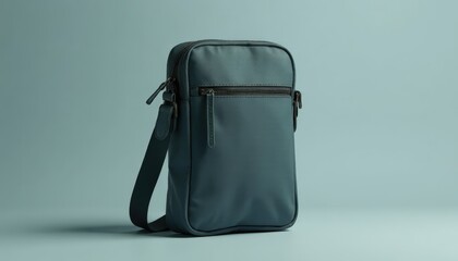 Naklejka premium Crossbody Bag Mockup. Stylish blue messenger bag on light background with copy space
