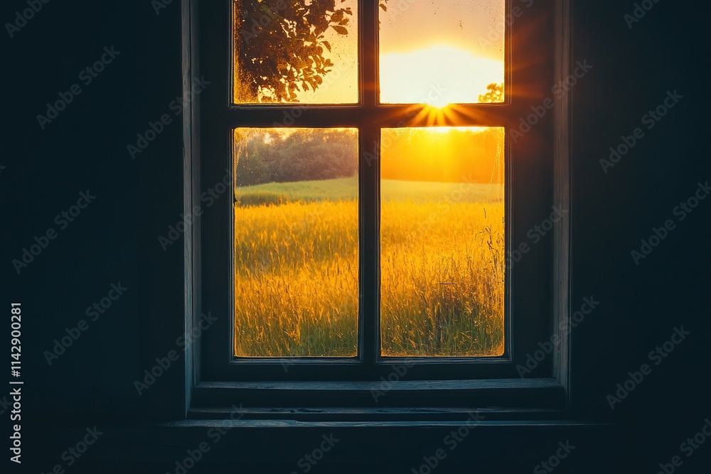 Poster a window with a view of a field and a sun shining through it
